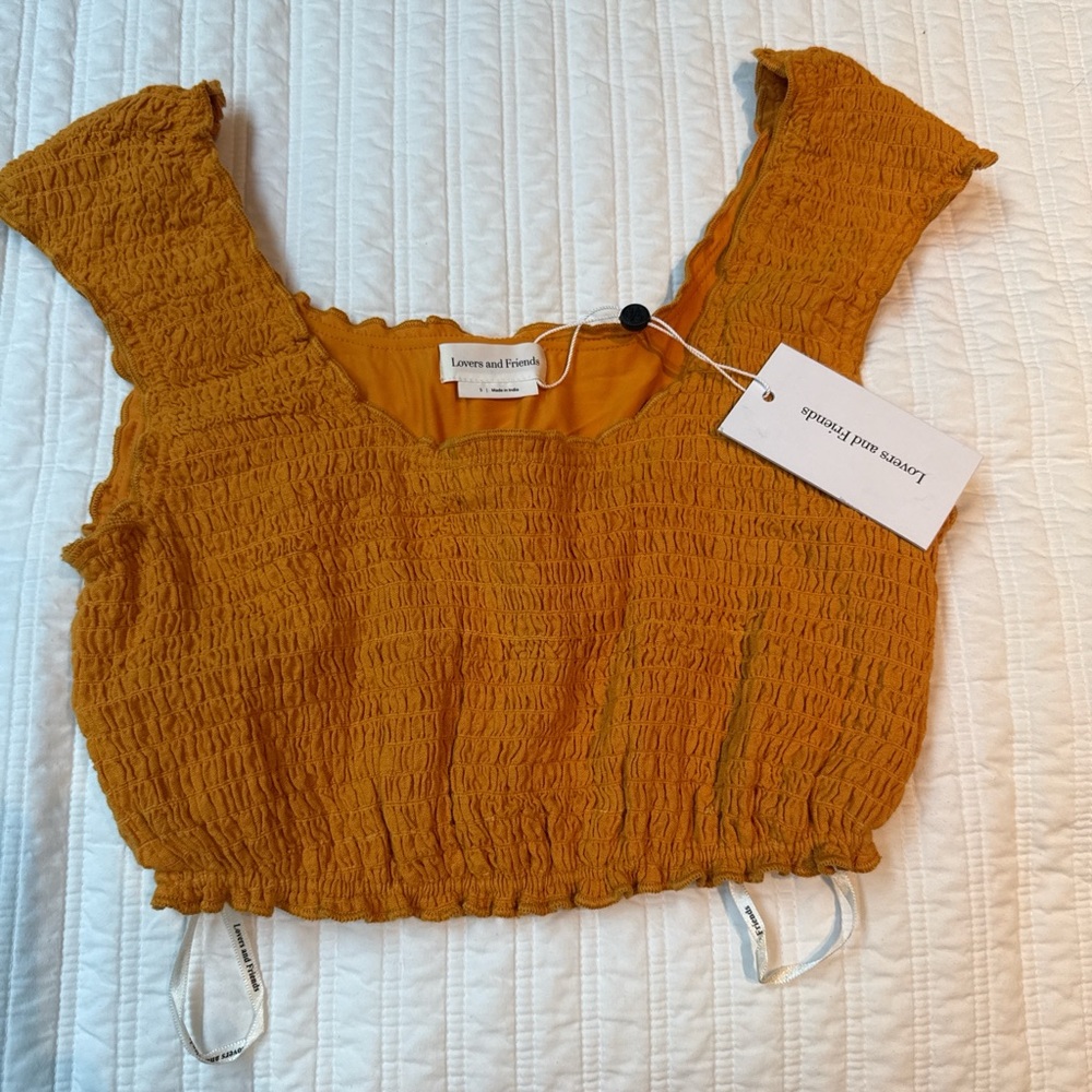 Lovers + Friends Mustard Smocked Crop Top